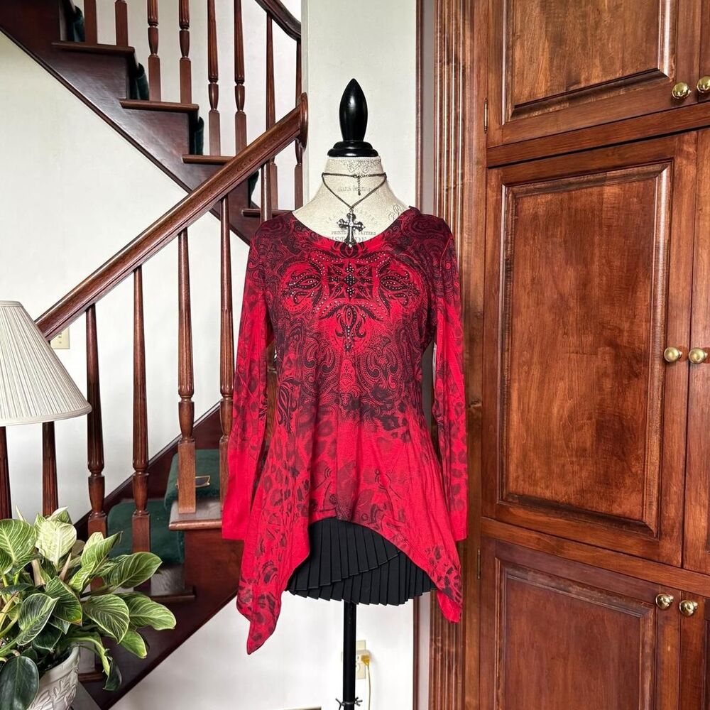 Boho Printed Cyber Sigil Red and Black Blouse Long Sleeve Top Emo Y2K